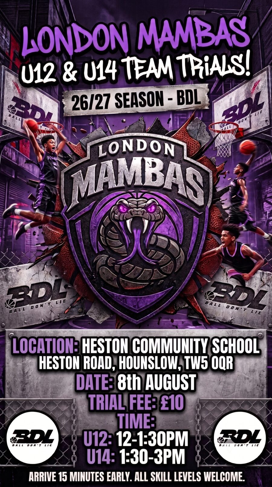 London Mambas U12 & U14 Team Trials poster — BDL 26/27 season, 8th August 2026, Heston Community School